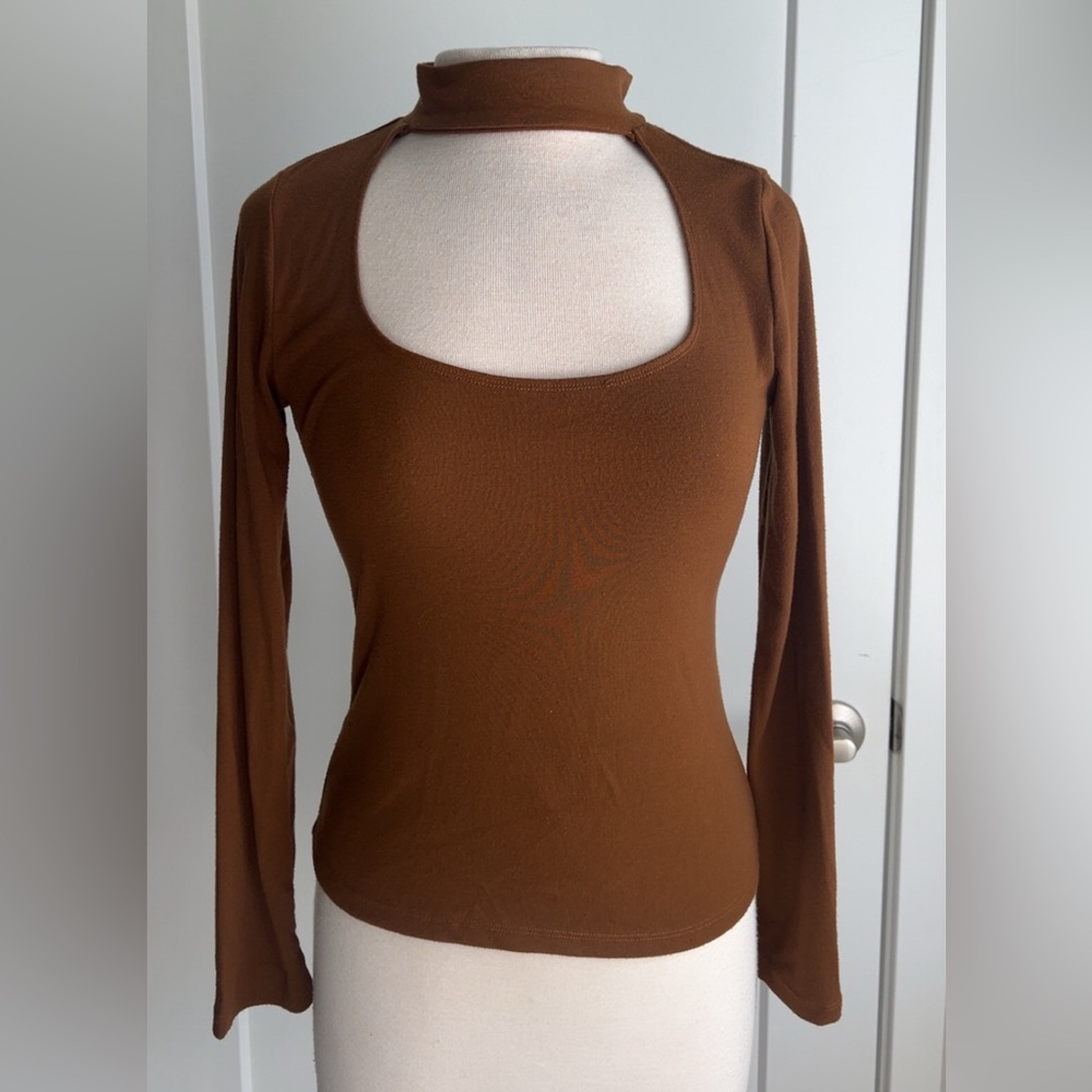 Brown Long Sleeve Cutout Top